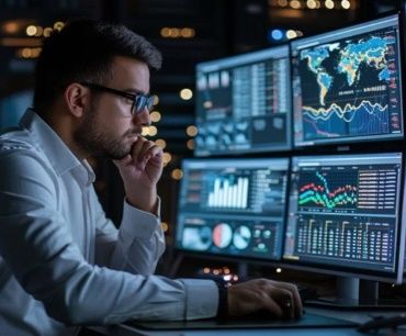 Trader at a multi-screen desk